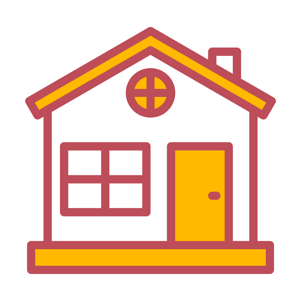 A simple line-drawn icon, in the Here4 Insurance brand colours of yellow and red, depicting a house to represent Home Insurance.